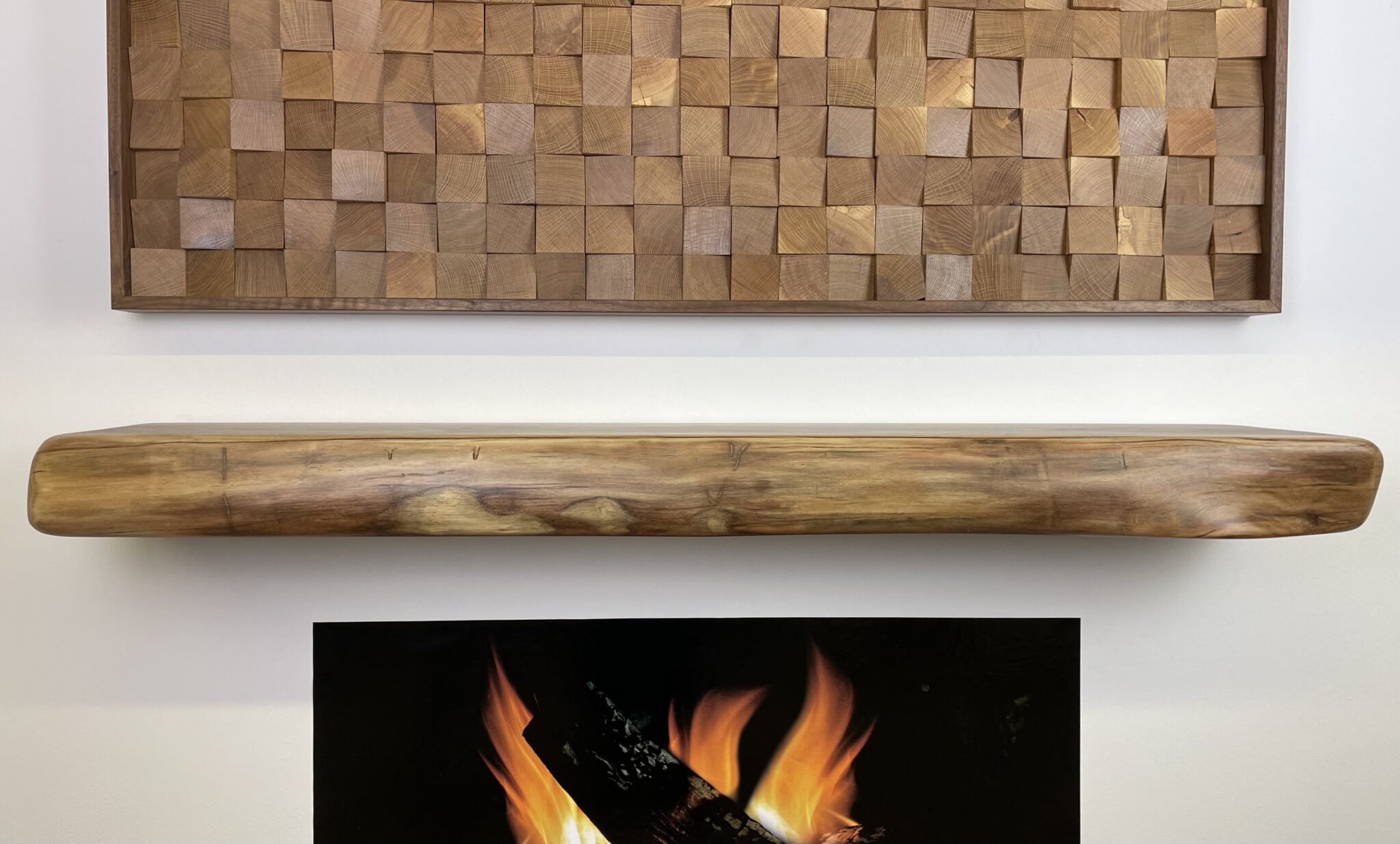 walnut, live edge thick solid fireplace mantel